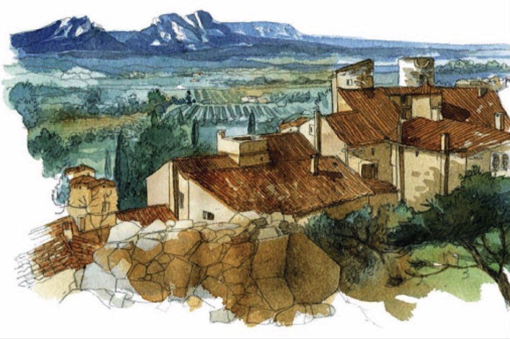 Watercolor painting depicting a quaint european village with stone houses and tiled roofs, nestled against a backdrop of lush mountains and expansive fields.